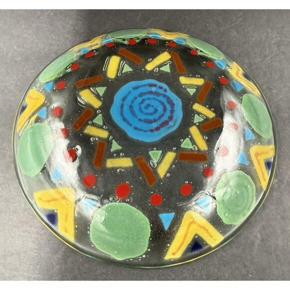 Fused Art Glass Abstract Vibrant  Design Plate Round 7.5" Diameter - Picture 2 of 4